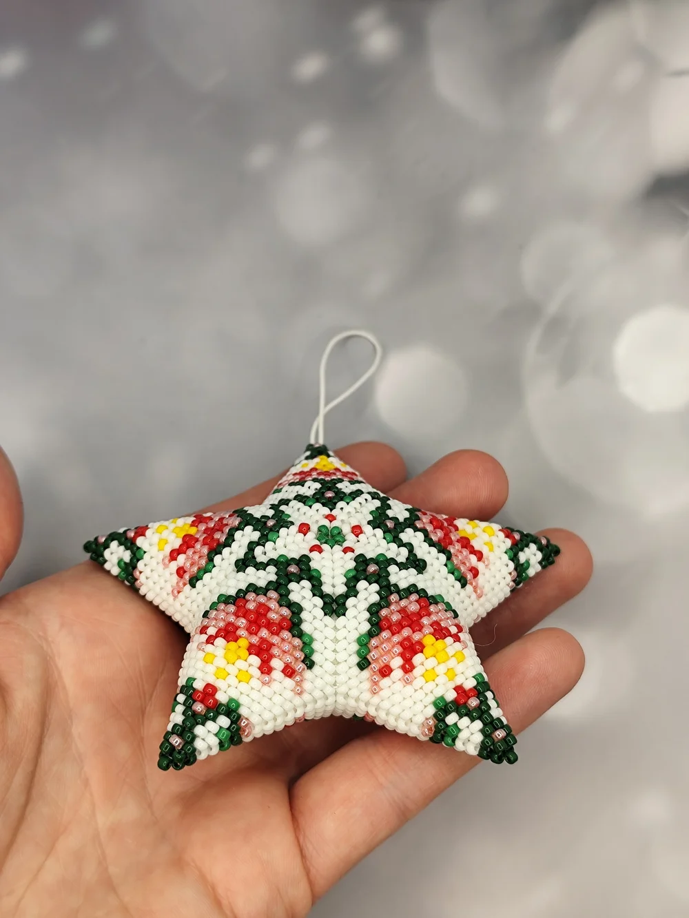 Handmade White Beaded Star Holiday Ornament with Red, Green & Yellow Accents